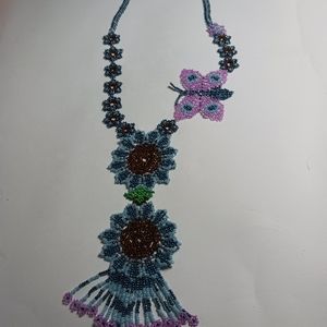 Handmade mexican beaded flower and butterfly necklace blue and pink